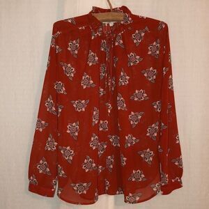 LOFT M Tomato Red Coral White Brown Floral Double Tie Front Long Sleeve Blouse